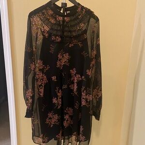 Who What Wear Black and Pink Floral Long Sleeve Dress